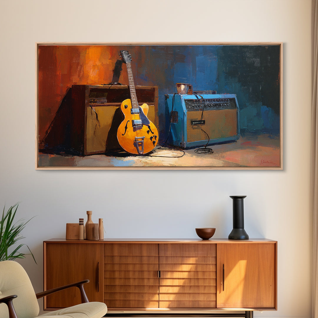 Electric Guitar Beside a Studio Amp Framed Canvas Print, Recording Studio Art, Textured Painting, Studio Decor, Analog, RSA-2x1-24