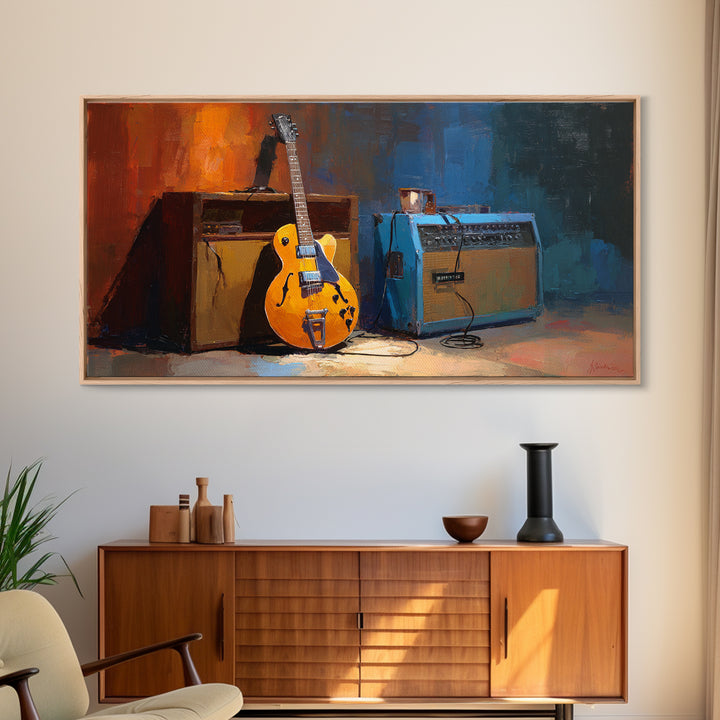 Electric Guitar Beside a Studio Amp Framed Canvas Print, Recording Studio Art, Textured Painting, Studio Decor, Analog, RSA-2x1-24