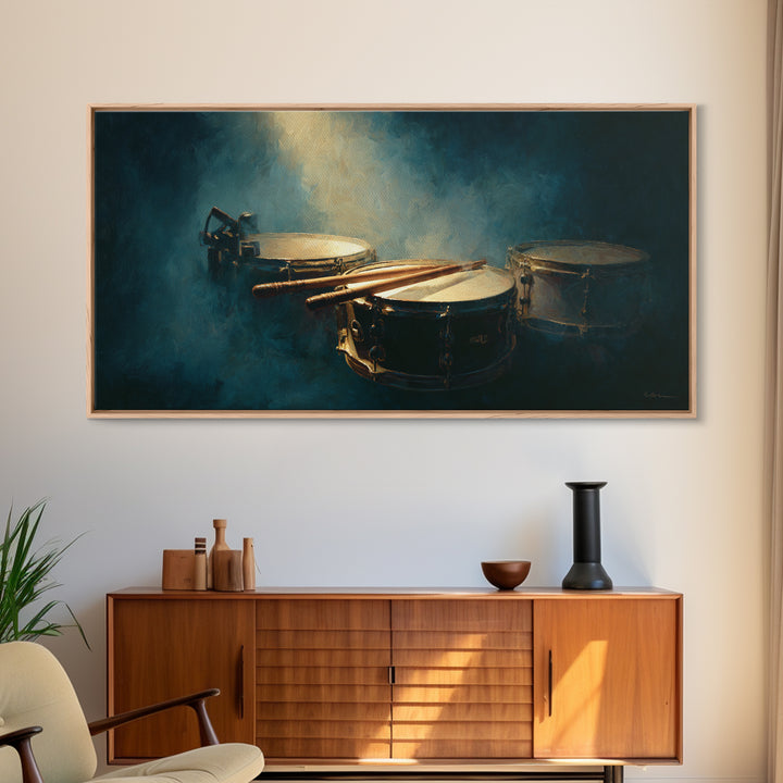 Drumsticks Crossed over Snare Drum Framed Canvas Print, Recording Studio Art, Modern Decor, Studio Decor, Fine Art, Analog, RSA-2x1-6