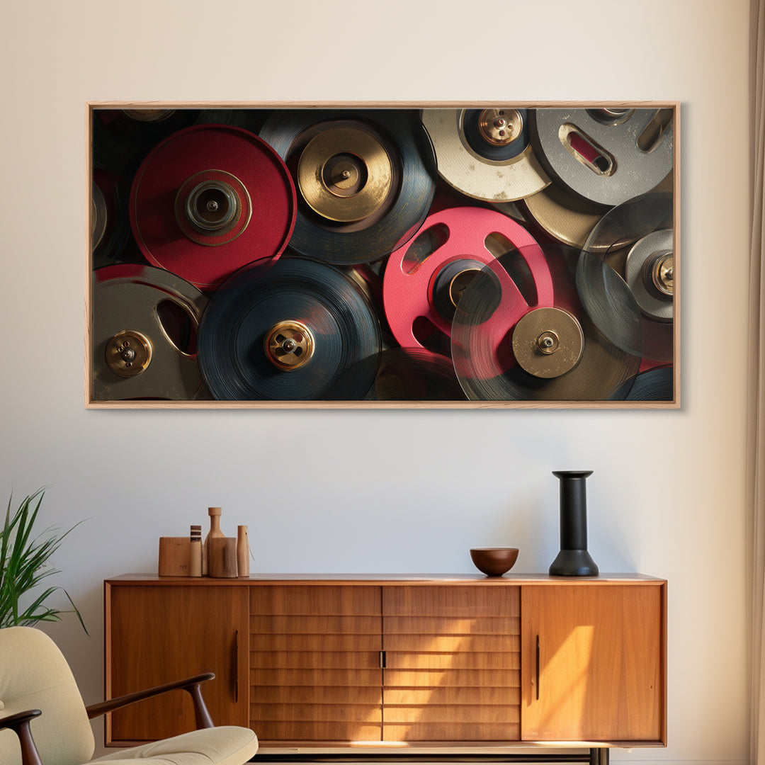 Tape Reels Spinning Through Smoky Light Canvas Print, Recording Studio Art, Music Posters, Studio Decor, Fine Art, Analog, RSA-2x1-63