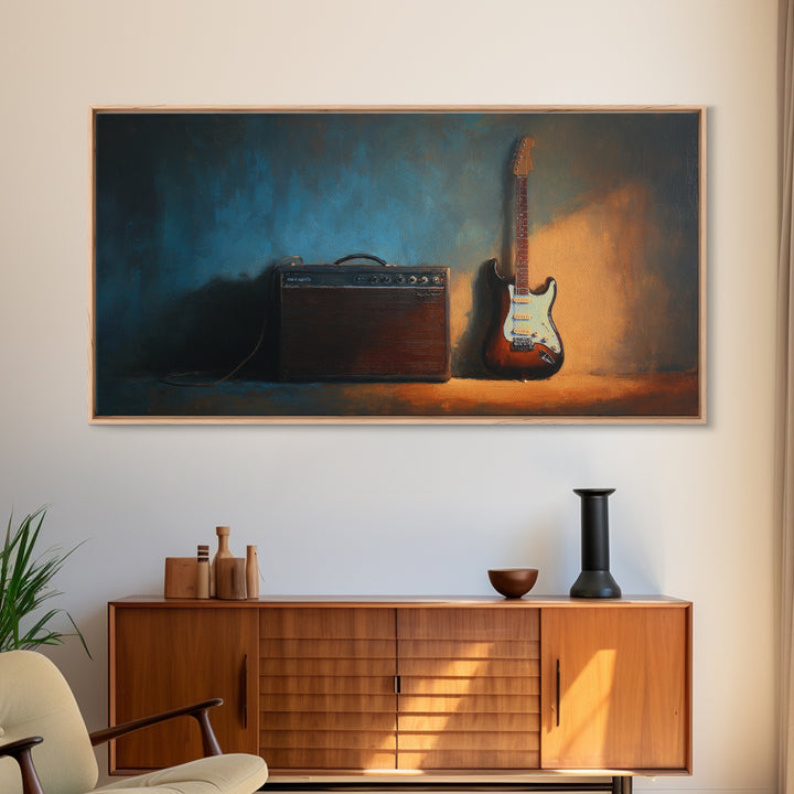 Electric Guitar Beside a Studio Amp Framed Canvas Print, Recording Studio Art, Dtf Prints, Studio Decor, Fine Art, Analog, RSA-2x1-72