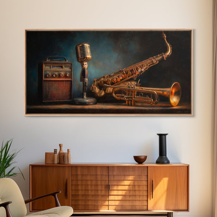 Jazz Trumpet and Microphone Still Life Framed Canvas Print, Recording Studio Art, Neutral Decor, Studio Decor, Fine Art, Analog, RSA-2x1-75