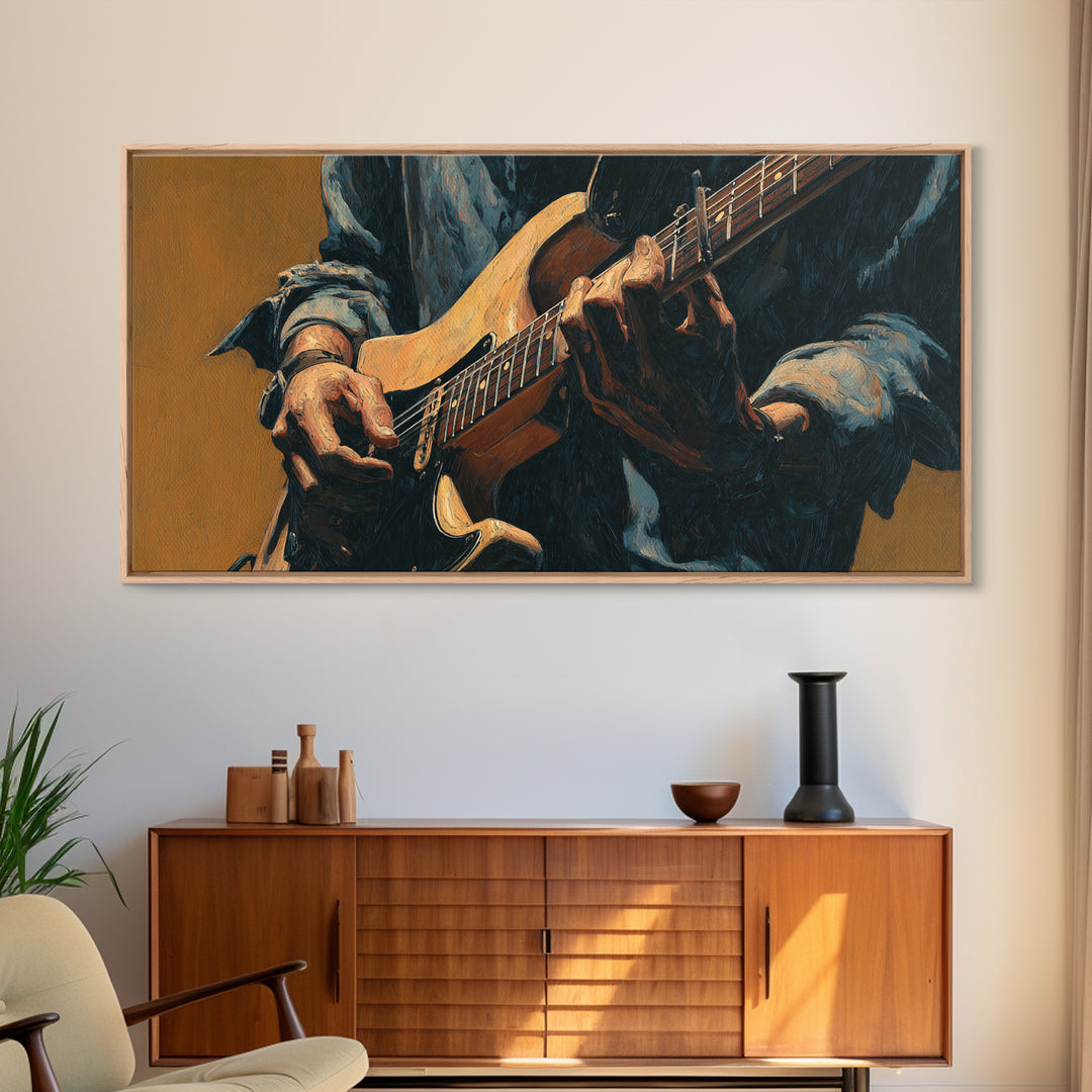 Musician Hands on Guitar Strings Framed Canvas Print, Recording Studio Art, Room Decor, Studio Decor, Fine Art, Analog, RSA-2x1-83