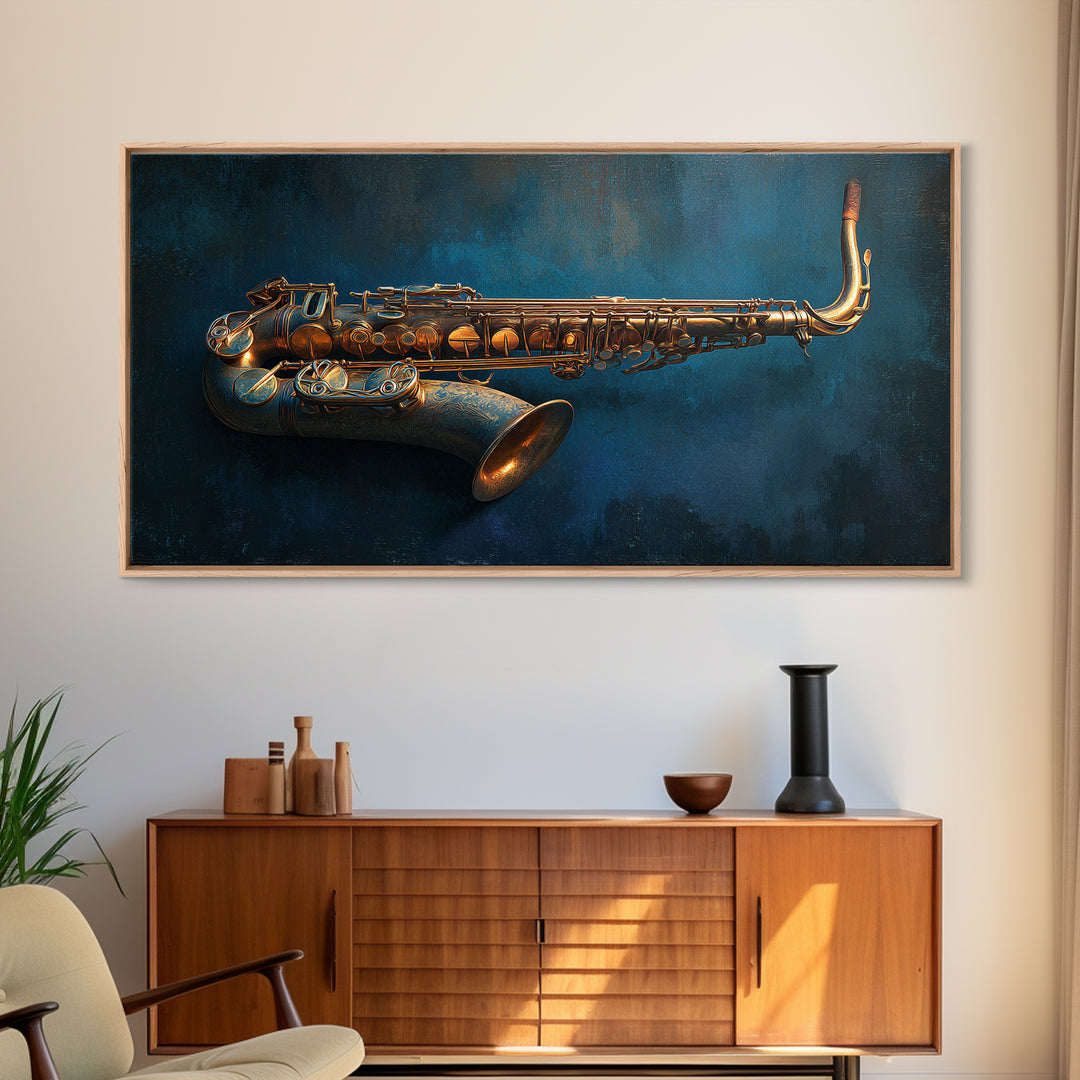 Brass Saxophone on Dark Velvet Framed Canvas Print, Recording Studio Art, Kids Room Art, Studio Decor, Fine Art, Analog, RSA-2x1-84