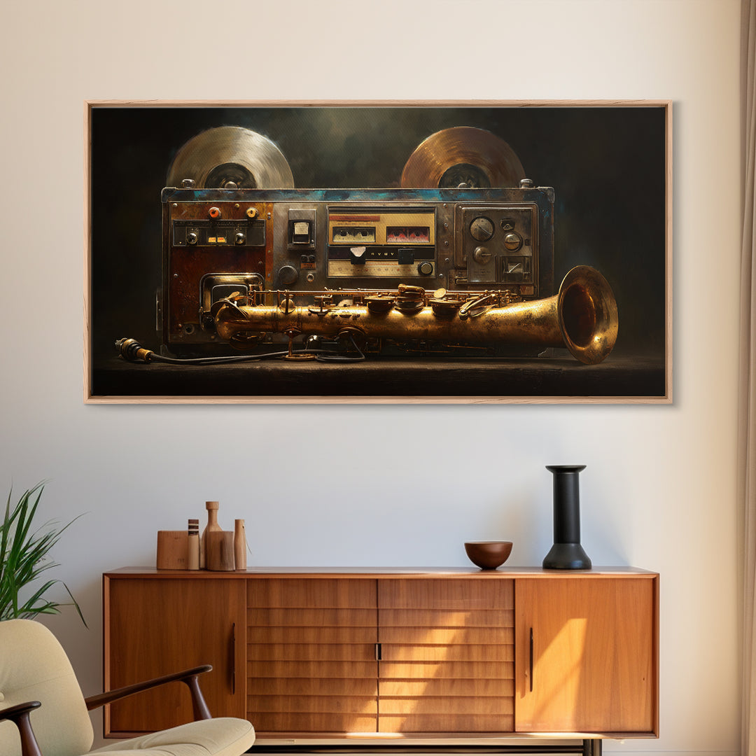 Tape Reels Spinning Through Smoky Light Framed Canvas Print, Recording Studio Art, Music Decor, Studio Decor, Fine Art, Analog, RSA-2x1-87