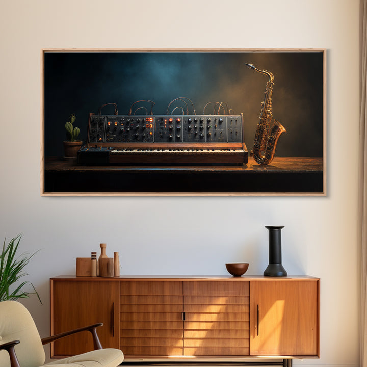 Analog Synthesizer Knobs and Cables Framed Canvas Print, Recording Studio Art, Statement Artwork, Studio Decor, Analog, RSA-2x1-9
