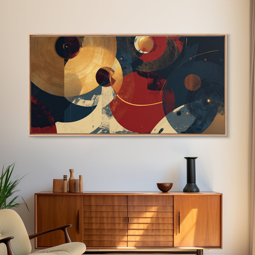 Gold Record Circular Composition Framed Canvas Print, Recording Studio Art, Mid Century Modern, Studio Decor, Fine Art, Analog, RSA-2x1-91