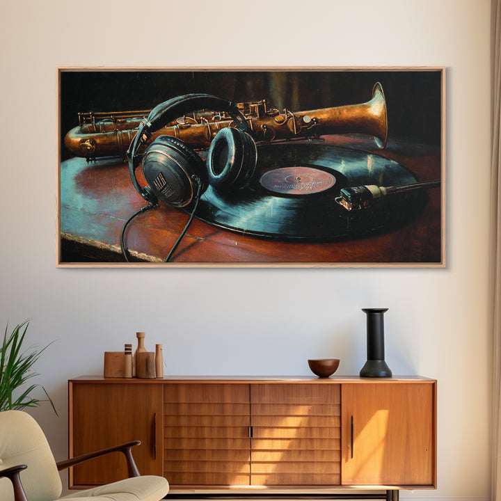 Headphones Resting on a Vinyl Record Framed Canvas Print, Recording Studio Art, Modern Wall Art, Studio Decor, Fine Art, Analog, RSA-2x1-97