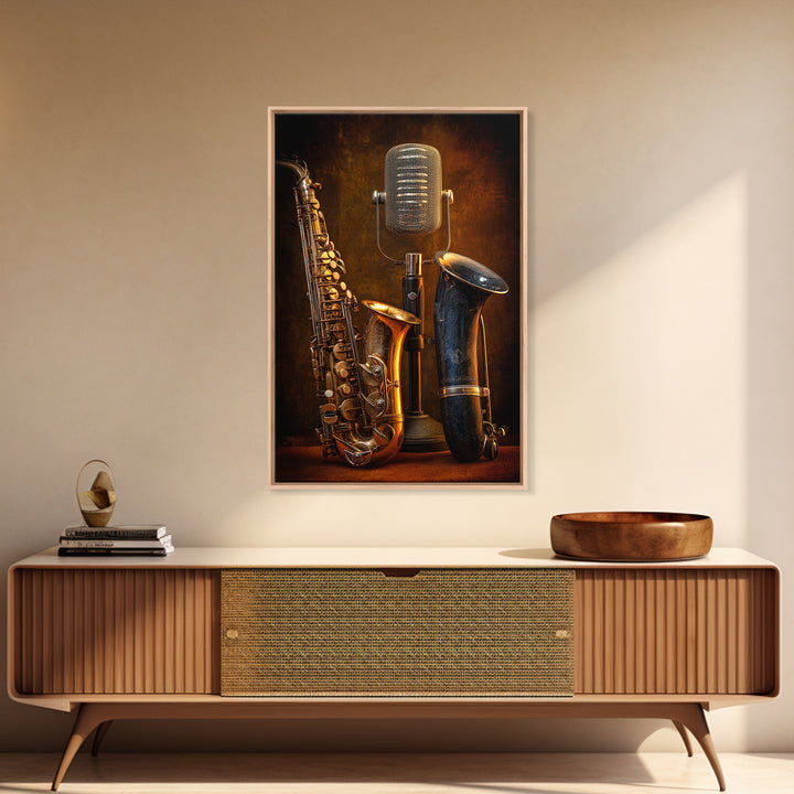 Jazz Trumpet and Microphone Still Life Canvas Print, Recording Studio Art, Youtube Studio Decor, Studio Decor, Fine Art, Analog, RSA-2x3-15