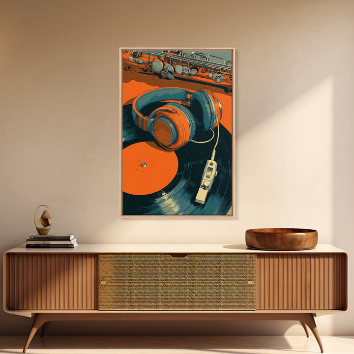 Headphones Resting on a Vinyl Record Framed Canvas Print, Recording Studio Art, Room Decor, Studio Decor, Fine Art, Analog, RSA-2x3-37