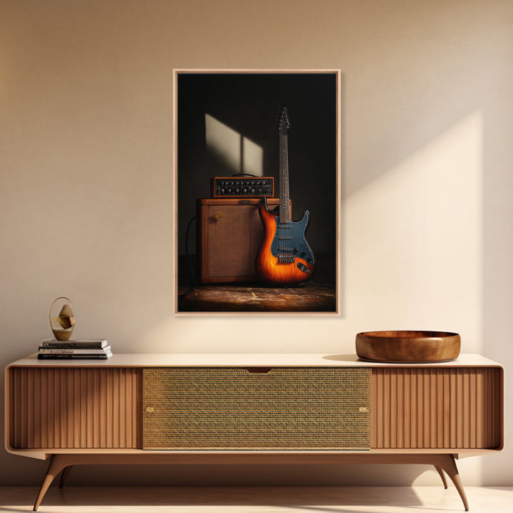 Electric Guitar Beside a Studio Amp Framed Canvas Print, Recording Studio Art, Music Art, Studio Decor, Fine Art, Analog, RSA-2x3-84
