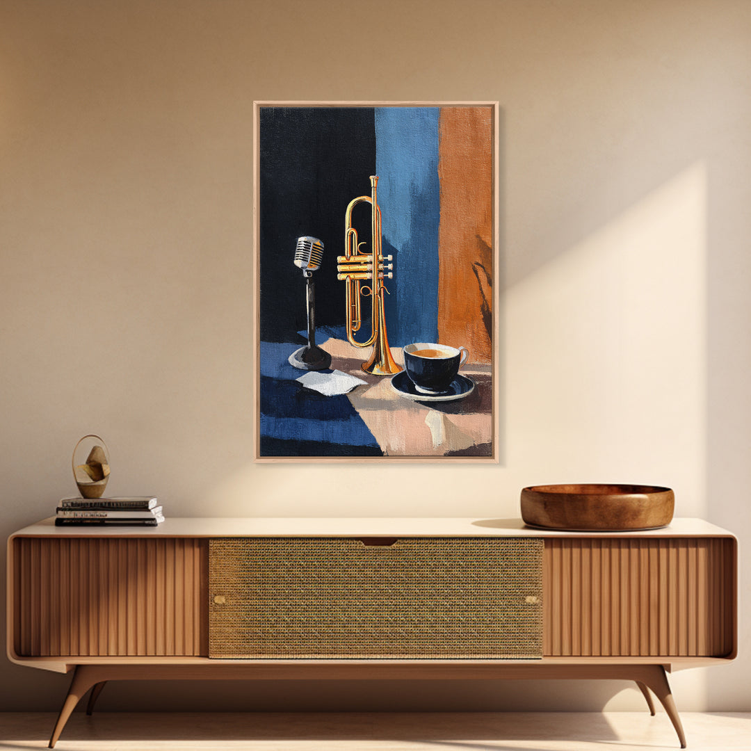 Jazz Trumpet and Microphone Still Life Framed Canvas Print, Recording Studio Art, Printable Art, Studio Decor, Fine Art, Analog, RSA-2x3-87