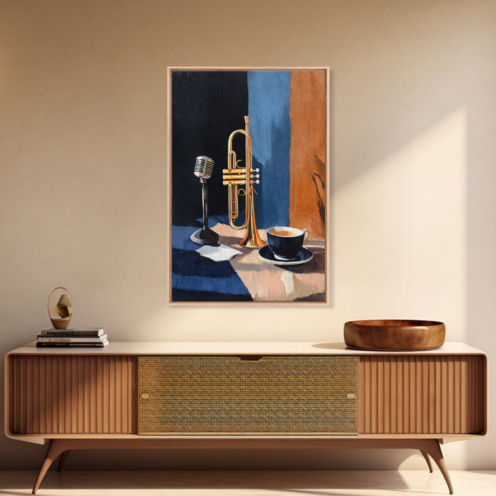 Jazz Trumpet and Microphone Still Life Framed Canvas Print, Recording Studio Art, Printable Art, Studio Decor, Fine Art, Analog, RSA-2x3-87