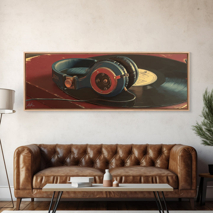 Headphones Resting on a Vinyl Record Canvas Print, Recording Studio Art, Digital Download Art, Studio Decor, Fine Art, Analog, RSA-3x1-45