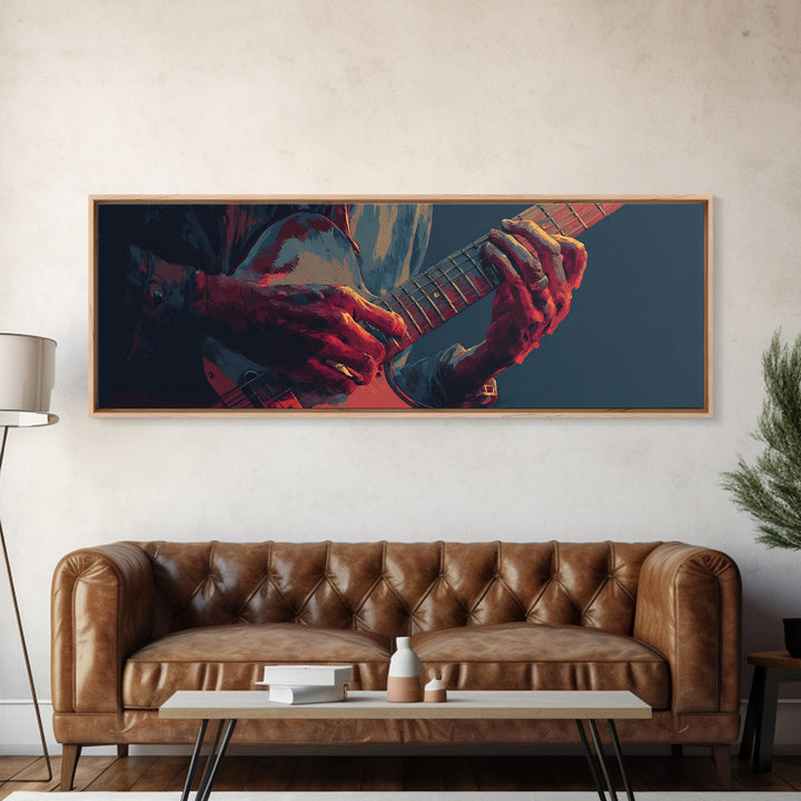 Musician Hands on Guitar Strings Framed Canvas Print, Recording Studio Art, Wall Sculpture, Studio Decor, Oil Painting, Analog, RSA-3x1-79
