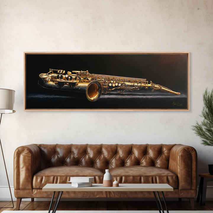 Brass Saxophone on Dark Velvet Canvas Print, Recording Studio Art, Headphones Poster, Studio Decor, Fine Art, Analog, RSA-3x1-8