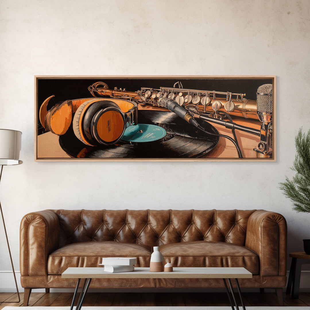 Headphones Resting on a Vinyl Record Canvas Print, Recording Studio Art, Musician Posters, Studio Decor, Fine Art, Analog, RSA-3x1-93