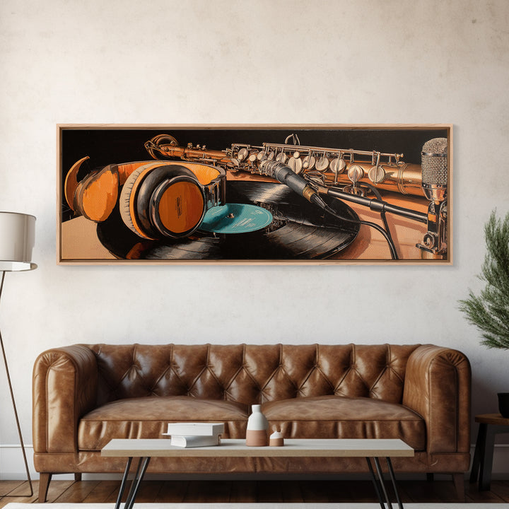 Headphones Resting on a Vinyl Record Canvas Print, Recording Studio Art, Musician Posters, Studio Decor, Fine Art, Analog, RSA-3x1-93