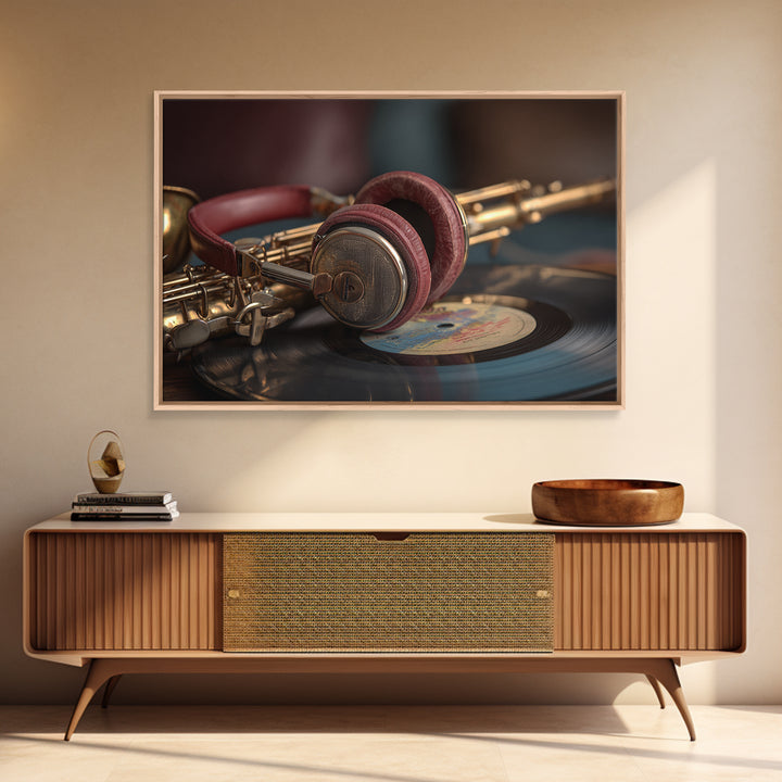 Headphones Resting on a Vinyl Record Canvas Print, Recording Studio Art, Music Posters, Studio Decor, Fine Art, Analog, RSA-3x2-33