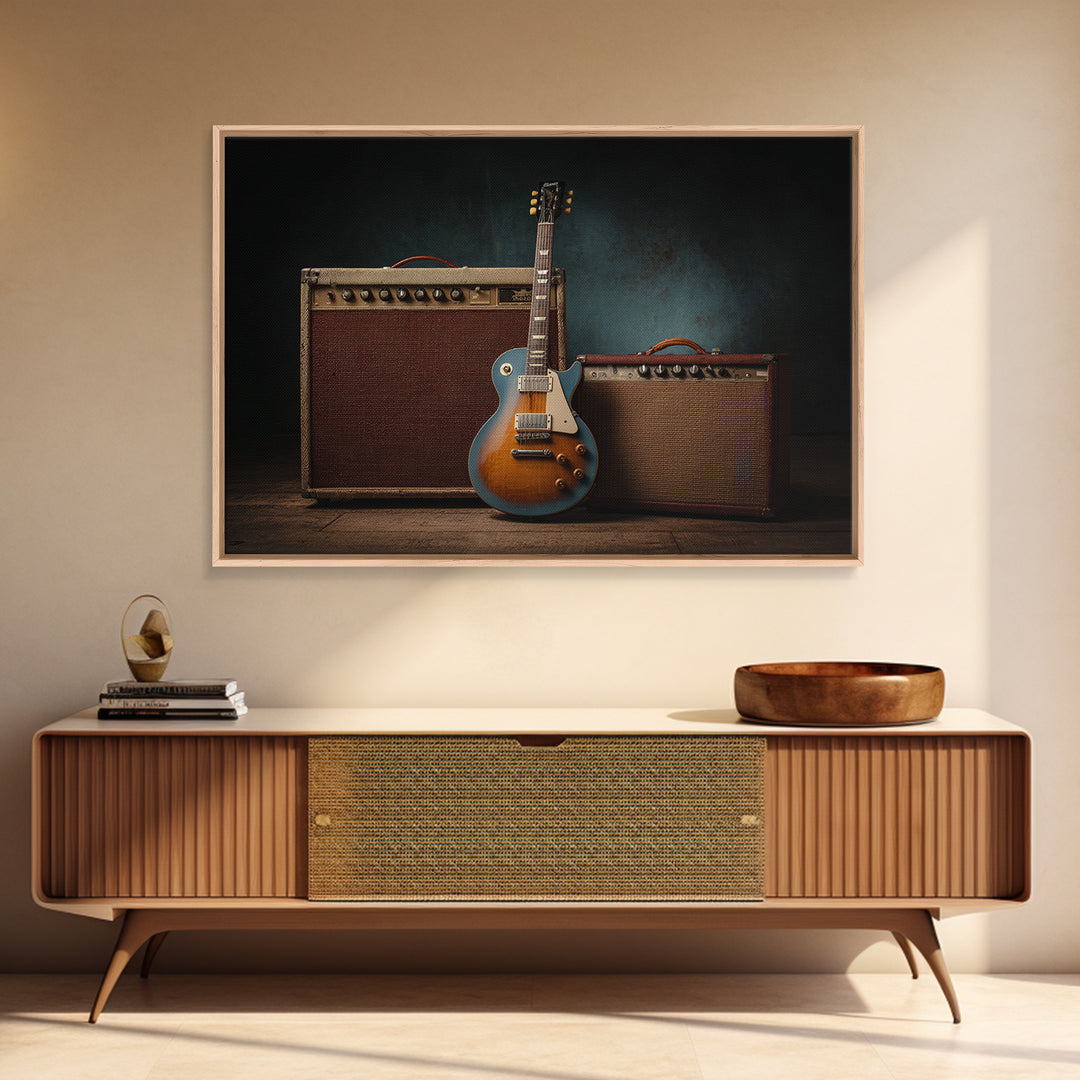 Electric Guitar Beside a Studio Amp Canvas Print, Recording Studio Art, Dtf Print, Studio Decor, Analog, Gallery Decor, RSA-3x2-56
