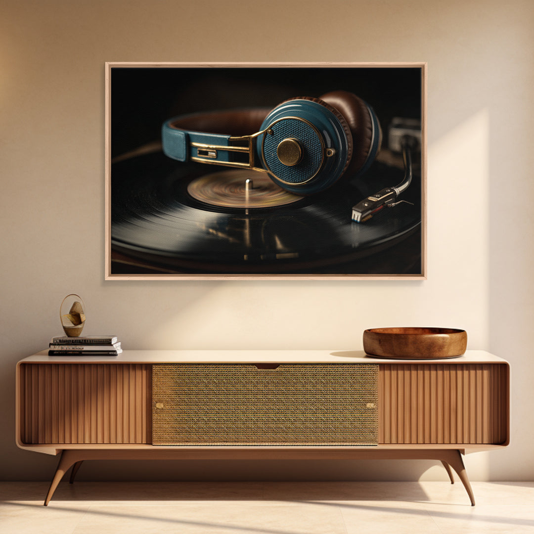 Headphones Resting on a Vinyl Record Canvas Print, Recording Studio Art, Music Posters, Studio Decor, Fine Art, Analog, RSA-3x2-57