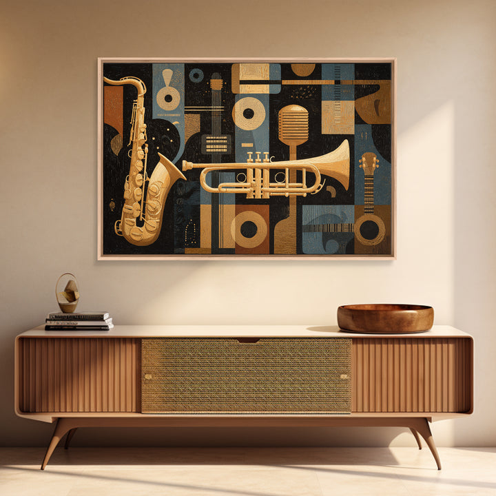Jazz Trumpet and Microphone Still Life Framed Canvas Print, Recording Studio Art, Rock Music Art, Studio Decor, Oil Painting, RSA-3x2-59