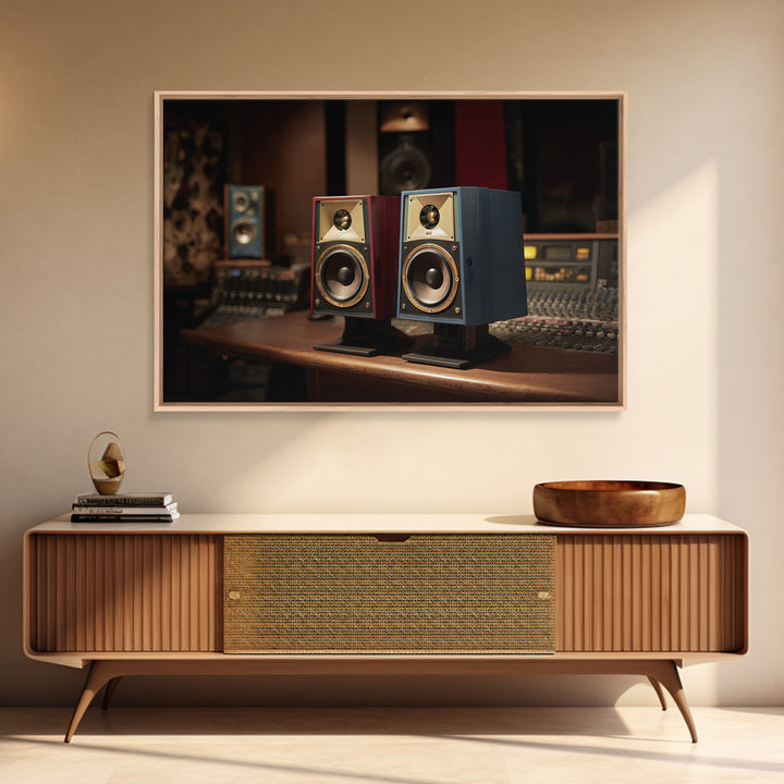 Studio Monitor Speakers as Bold Geometric Forms Framed Canvas Print, Recording Studio Art, Music Studio, Studio Decor, Analog, RSA-3x2-64