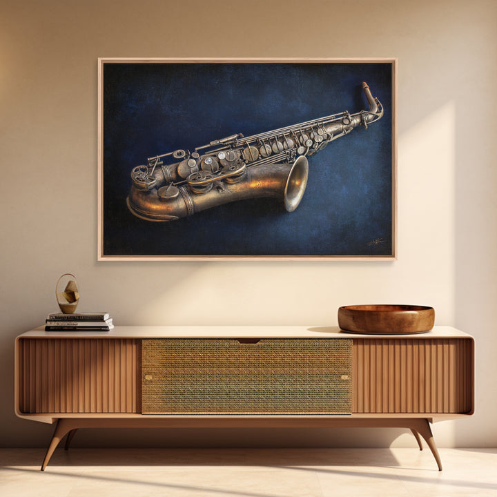 Brass Saxophone on Dark Velvet Canvas Print, Recording Studio Art, Headphones Poster, Studio Decor, Fine Art, Analog, RSA-3x2-68