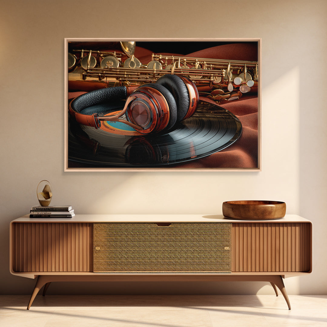 Headphones Resting on a Vinyl Record Framed Canvas Print, Recording Studio Art, Music Decor, Studio Decor, Fine Art, Analog, RSA-3x2-81