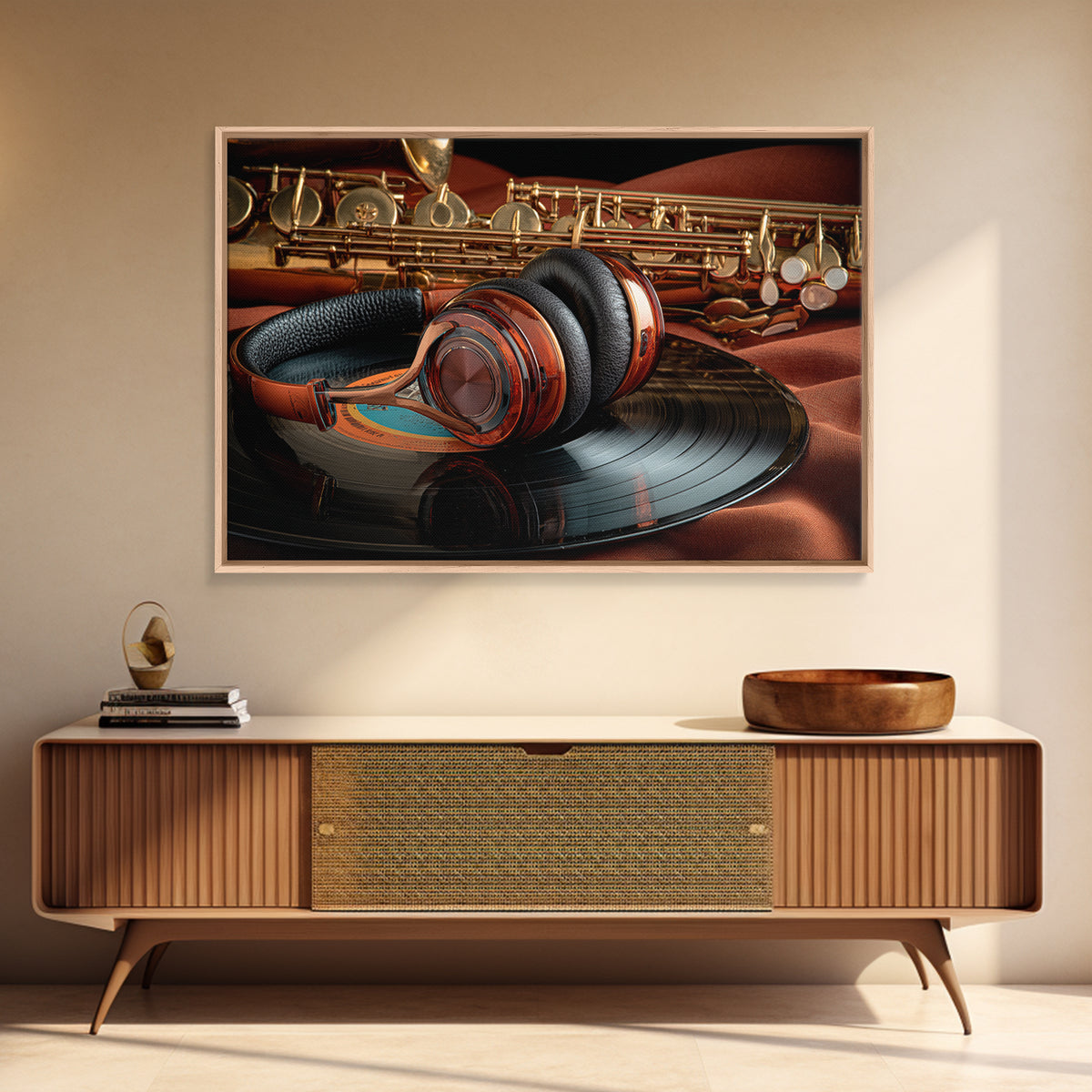 Headphones Resting on a Vinyl Record Framed Canvas Print, Recording Studio Art, Music Decor, Studio Decor, Fine Art, Analog, RSA-3x2-81