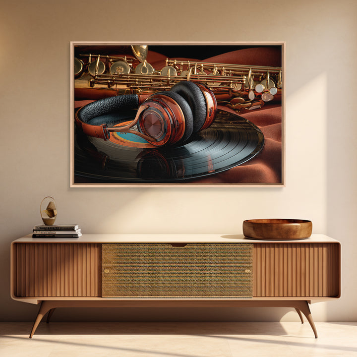 Headphones Resting on a Vinyl Record Framed Canvas Print, Recording Studio Art, Music Decor, Studio Decor, Fine Art, Analog, RSA-3x2-81