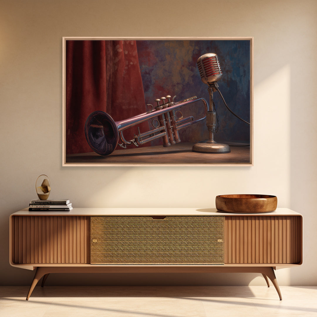 Jazz Trumpet and Microphone Still Life Canvas Print, Recording Studio Art, Neutral Decor, Studio Decor, Fine Art, Analog, RSA-3x2-83
