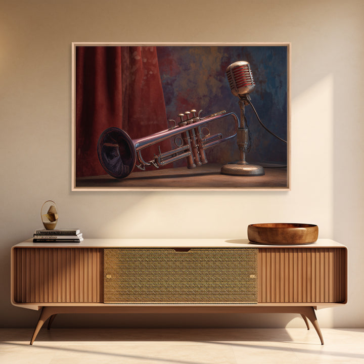 Jazz Trumpet and Microphone Still Life Canvas Print, Recording Studio Art, Neutral Decor, Studio Decor, Fine Art, Analog, RSA-3x2-83