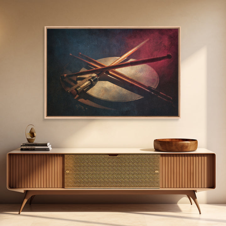 Drumsticks Crossed over Snare Drum Framed Canvas Print, Recording Studio Art, Music Posters, Studio Decor, Fine Art, Analog, RSA-3x2-86