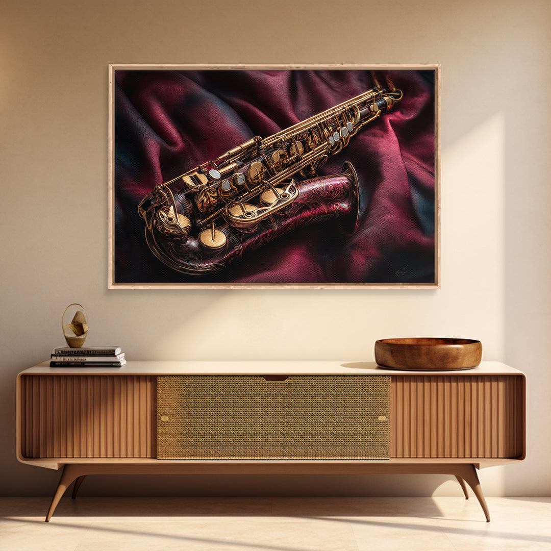 Brass Saxophone on Dark Velvet Framed Canvas Print, Recording Studio Art, Music Room Decor, Studio Decor, Fine Art, Analog, RSA-3x2-92