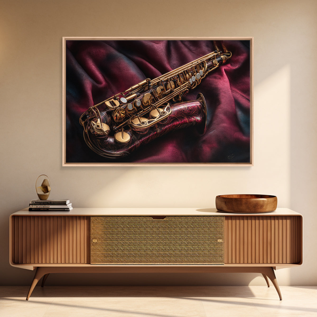 Brass Saxophone on Dark Velvet Framed Canvas Print, Recording Studio Art, Music Room Decor, Studio Decor, Fine Art, Analog, RSA-3x2-92