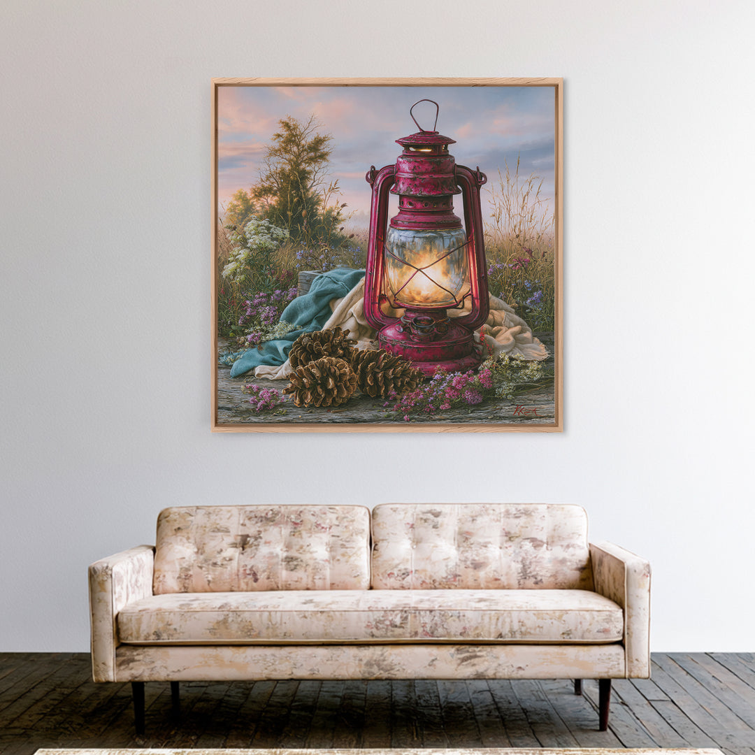 Rustic Lantern Glowing Beside Pinecones Framed Canvas Print, Rustic Art, Gallery Wall Set, Farmhouse Decor, Watercolor Art, RUS-1x1-100