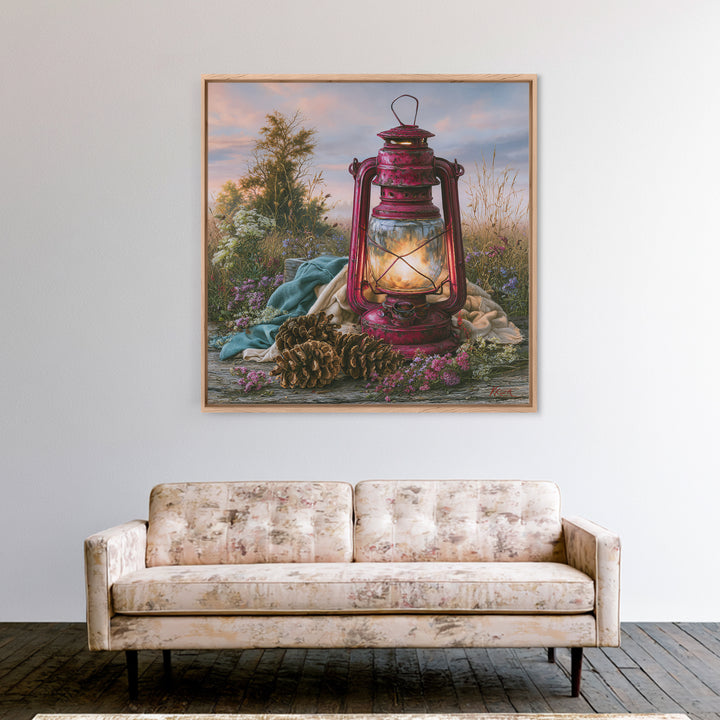 Rustic Lantern Glowing Beside Pinecones Framed Canvas Print, Rustic Art, Gallery Wall Set, Farmhouse Decor, Watercolor Art, RUS-1x1-100