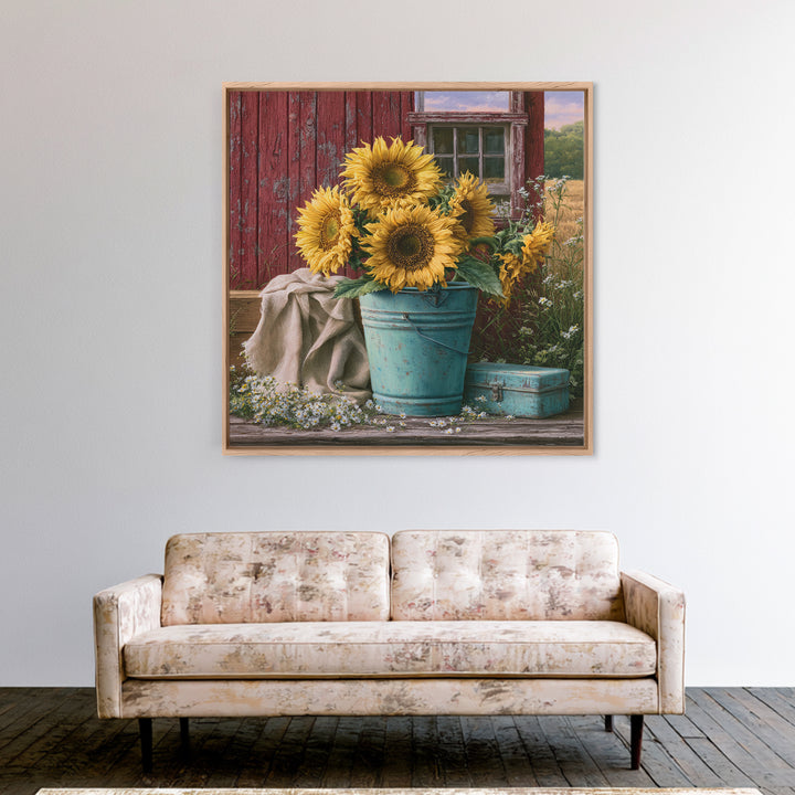 Sunflowers in a Metal Bucket Framed Canvas Print, Rustic Art, Painting, Farmhouse Decor, Oil Painting, Rustic, Boho Wall Art, RUS-1x1-12