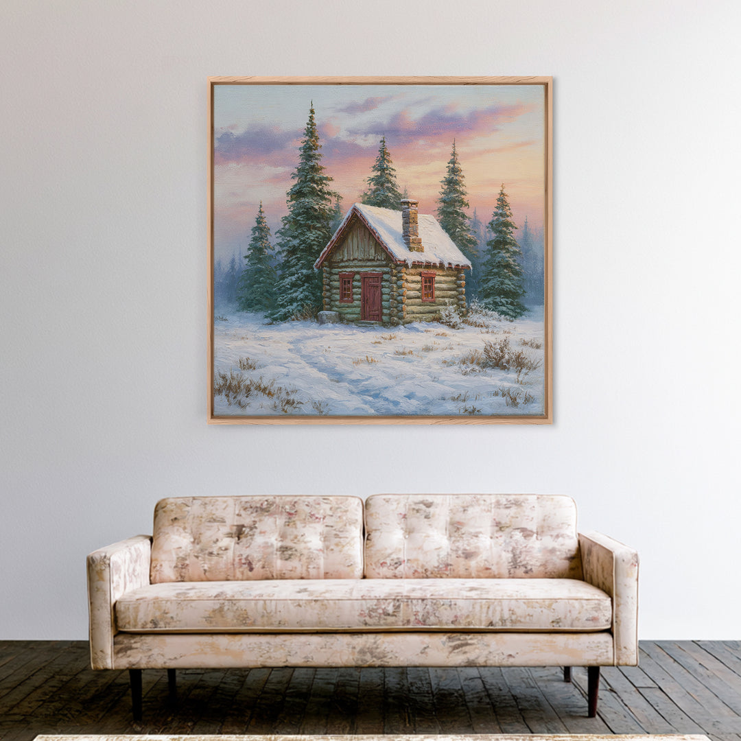 Log Cabin with Snowy Pines Canvas Print, Rustic Art, Farmhouse Decor, Oil Painting, Rustic, Gallery Wall Art, RUS-1x1-15