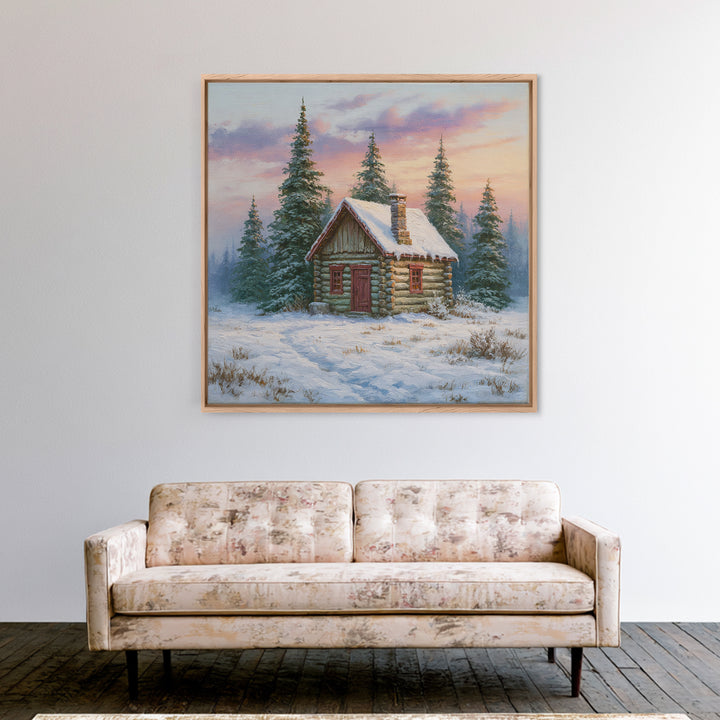 Log Cabin with Snowy Pines Canvas Print, Rustic Art, Farmhouse Decor, Oil Painting, Rustic, Gallery Wall Art, RUS-1x1-15