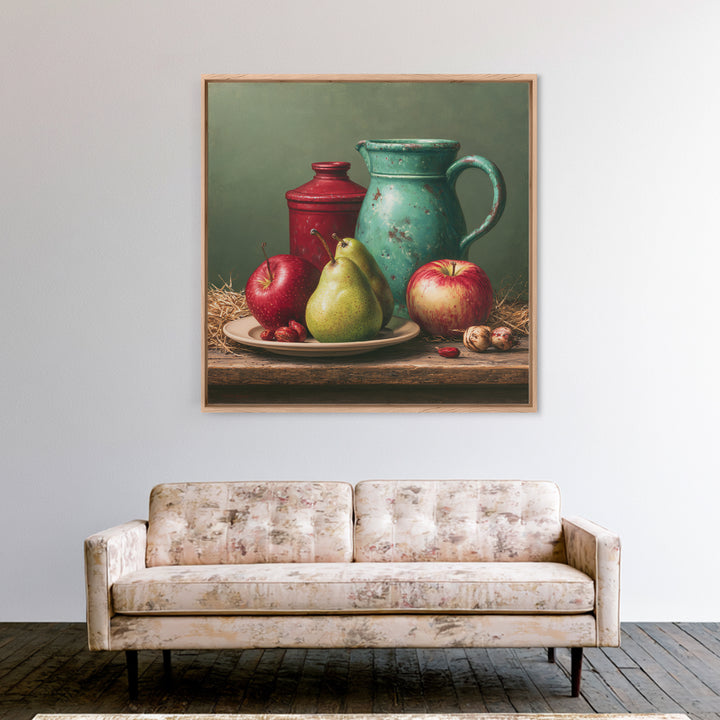 Rustic Pear and Apple Still Life Framed Canvas Print, Rustic Art, Landscape Wall Art, Farmhouse Decor, Fine Art, Rustic, RUS-1x1-21