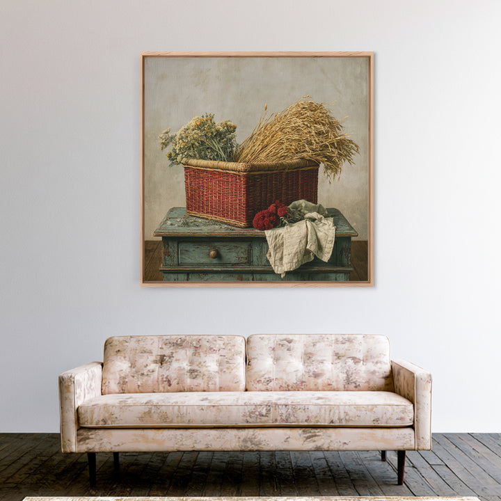 Handwoven Basket with Dried Grasses Framed Canvas Print, Rustic Art, Farmhouse Wall Art, Farmhouse Decor, Watercolor Art, RUS-1x1-24