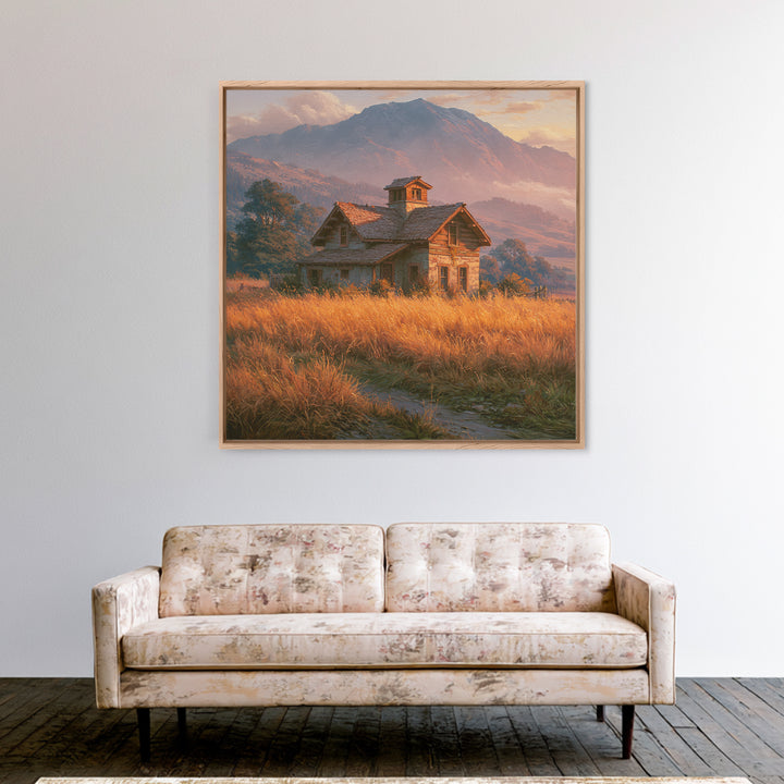 Mountain Cabin Landscape Framed Canvas Print, Rustic Art, Boho Wall Art, Farmhouse Decor, Oil Painting, Rustic, RUS-1x1-27