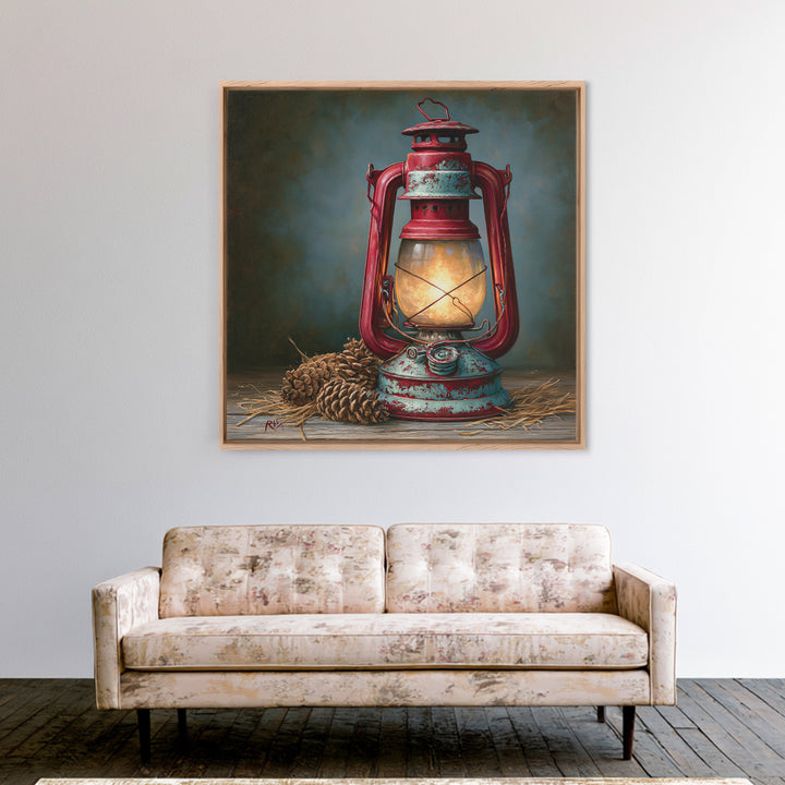 Rustic Lantern Glowing Beside Pinecones Framed Canvas Print, Rustic Art, Farmhouse Decor, Oil Painting, Rustic, RUS-1x1-28