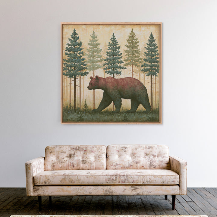 Bear Silhouette Among Pine Trees Canvas Print, Rustic Art, 3d Wall Art, Farmhouse Decor, Fine Art, Rustic, Living Room Art, RUS-1x1-31