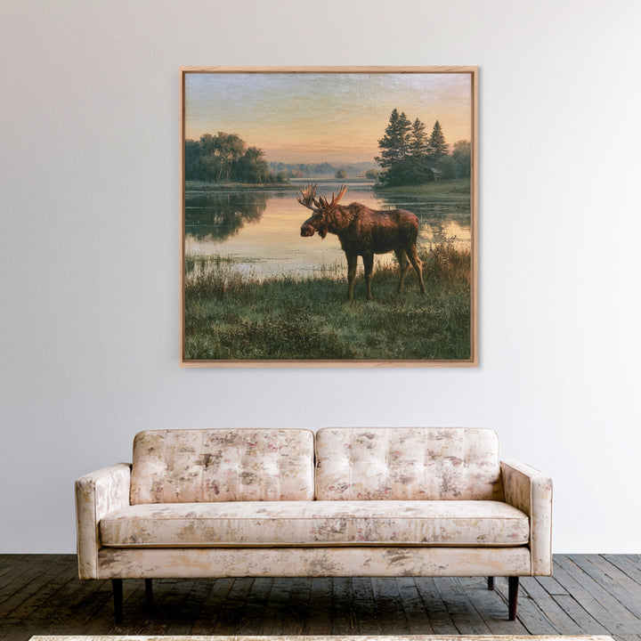 Moose Standing by a Quiet Lake Framed Canvas Print, Rustic Art, Fine Art Print, Farmhouse Decor, Fine Art, Rustic, Painting, RUS-1x1-33
