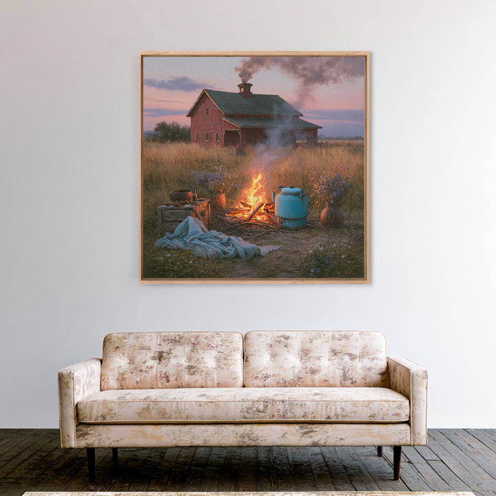Campfire under a Starry Sky Framed Canvas Print, Rustic Art, Landscape Wall Art, Farmhouse Decor, Watercolor Art, Rustic, RUS-1x1-34