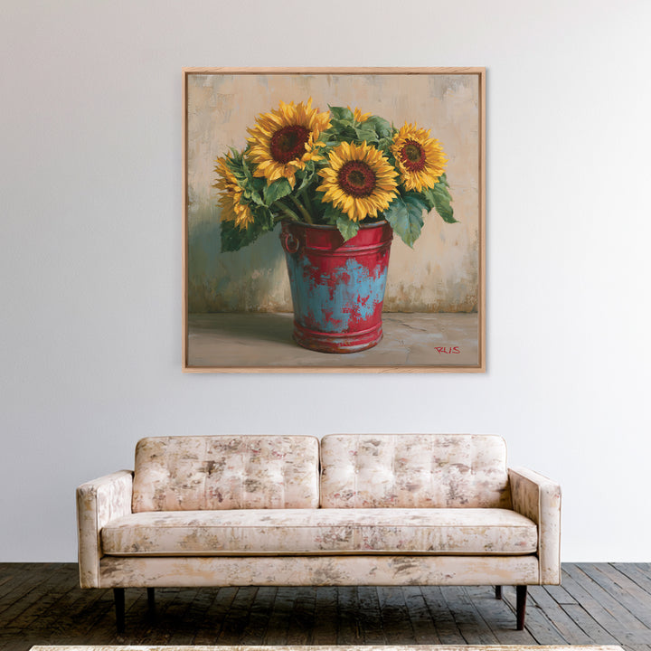 Sunflowers in a Metal Bucket Canvas Print, Rustic Art, Farmhouse Decor, Watercolor Art, Rustic, Landscape Painting, RUS-1x1-36