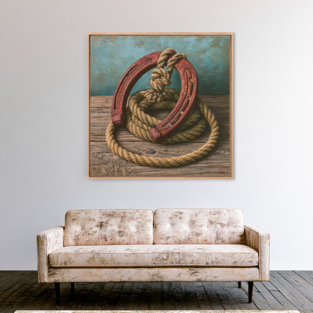 Rusty Horseshoe and Rope Composition Framed Canvas Print, Rustic Art, Gallery Wall Set, Farmhouse Decor, Oil Painting, Rustic, RUS-1x1-37